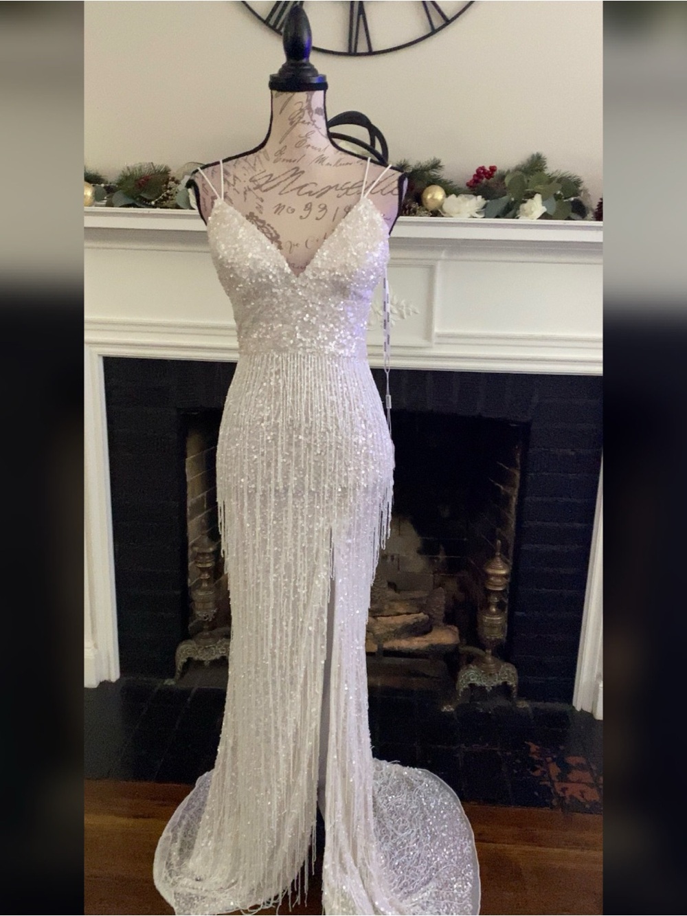 Ivory beaded fringe wedding reception dress, prom dress or pageant evening gown